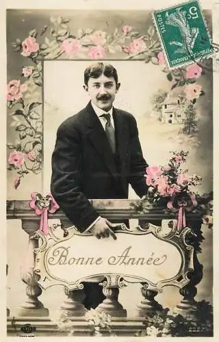 Elegant fancy man romantic lover greetings postcard moustache bouquet bonne annee