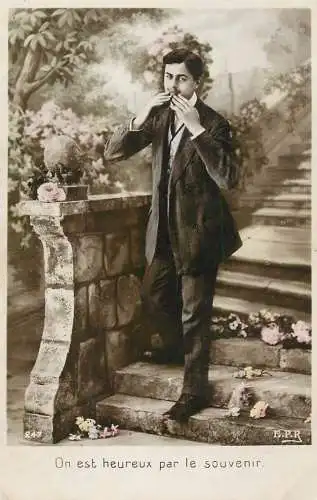 Elegant fancy man romantic lover greetings postcard moustache bouquet souvenir