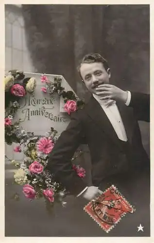 Elegant fancy man romantic lover greetings postcard moustache bouquet anniversaire