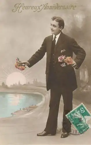 Elegant fancy man romantic lover greetings postcard  bouquet anniversaire