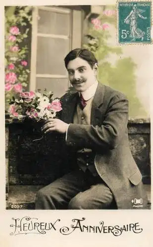 Elegant fancy man romantic lover greetings postcard moustache bouquet anniversaire