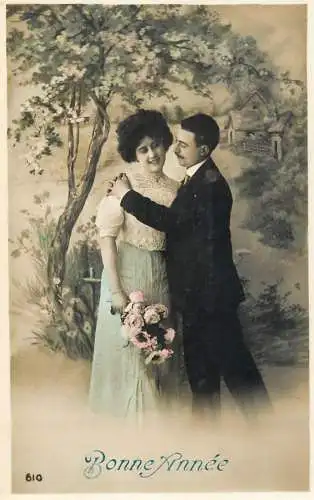 Romantic elegant couple greetings postcard coiffure dress glam hat moustache bouquet