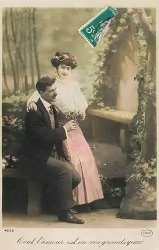 Romantic elegant couple greetings postcard coiffure dress glam hat moustache bouquet