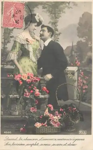 Romantic elegant couple greetings postcard coiffure dress glam hat moustache basket