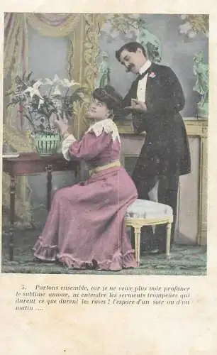 Romantic elegant couple greetings postcard coiffure dress glam hat moustache