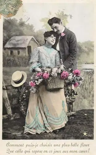 Romantic elegant couple greetings postcard coiffure dress glam hat moustache basket