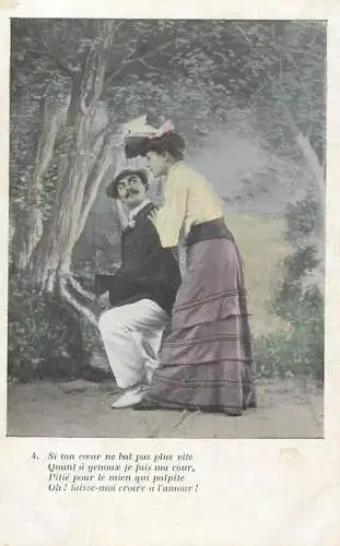 Romantic elegant couple greetings postcard coiffure dress glam hat moustache