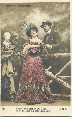 Romantic elegant couple greetings postcard coiffure dress glam hat moustache