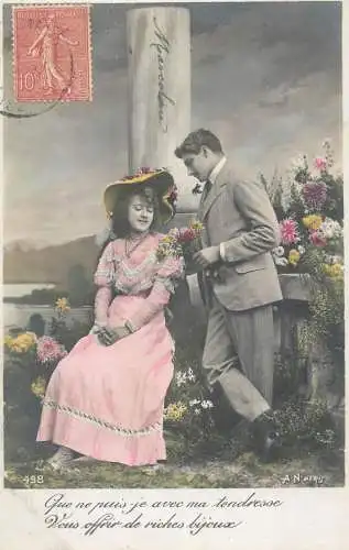 Romantic elegant couple greetings postcard coiffure dress glam hat