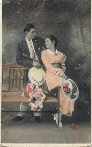 Romantic elegant couple greetings postcard coiffure dress glam hat