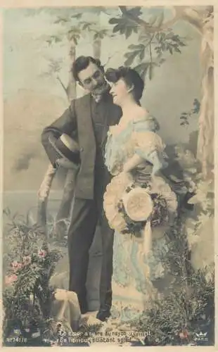 Romantic elegant couple greetings postcard coiffure dress moustache glam hat