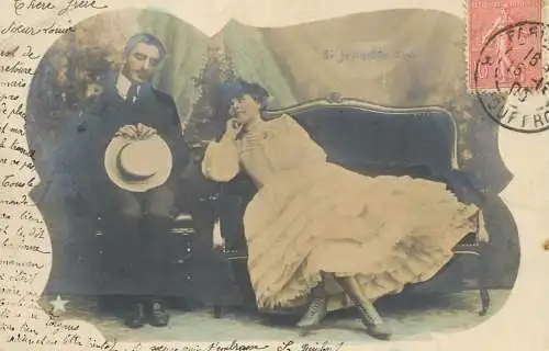 Romantic elegant couple greetings postcard coiffure dress moustache glam couch