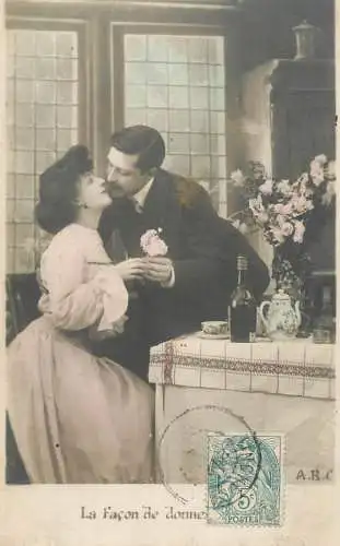 Romantic elegant couple greetings postcard coiffure dress moustache glam dinner