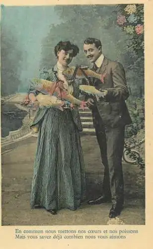 Romantic elegant couple greetings postcard coiffure dress moustache glam fish