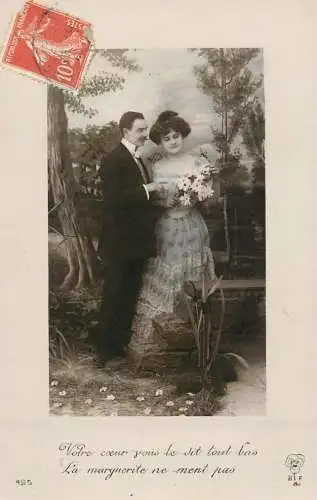 Romantic elegant couple greetings postcard coiffure dress moustache glam