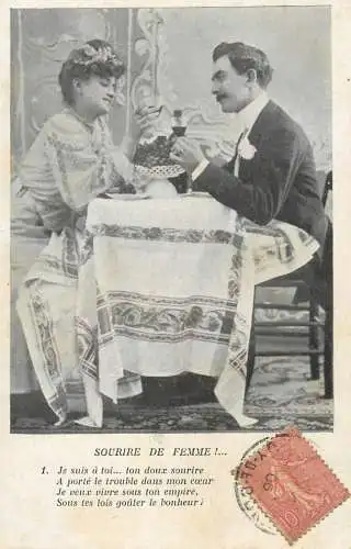 Romantic elegant couple greetings postcard coiffure dress moustache dinner