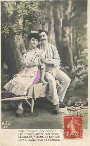 Romantic elegant couple greetings postcard coiffure dress cart wood shoes