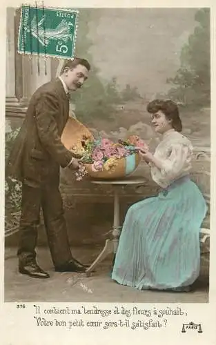 Romantic elegant couple greetings postcard elegance coiffure dress moustache basket