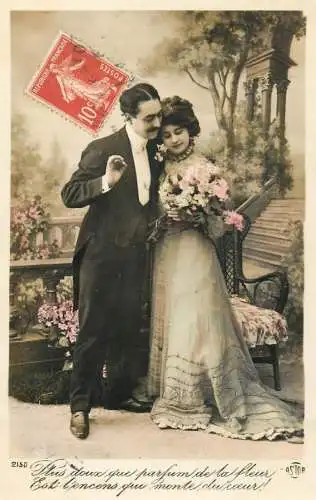 Romantic elegant couple greetings postcard elegance coiffure dress moustache bouquet