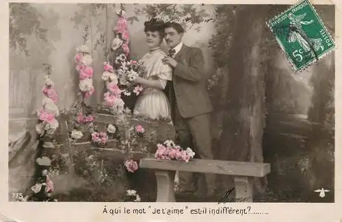 Romantic elegant couple greetings postcard elegance coiffure dress moustache bouquet