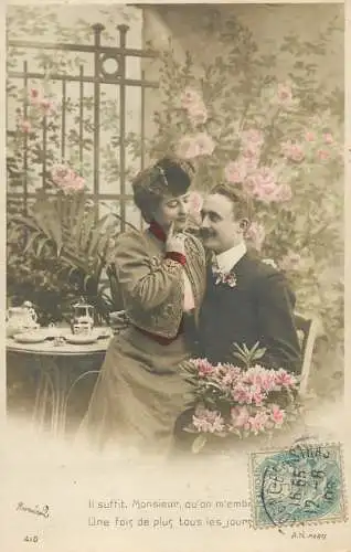 Romantic elegant couple greetings postcard elegance coiffure dress moustache bouquet