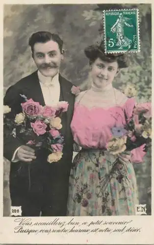 Romantic elegant couple greetings postcard elegance coiffure dress moustache bouquet