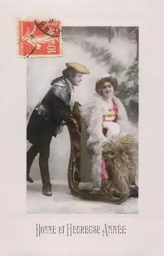Romantic elegant couple greetings postcard elegance coiffure dress fur bonne annee