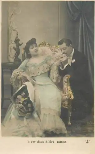 Romantic elegant couple greetings postcard elegance coiffure dress moustache glam