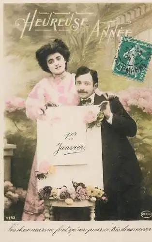 Romantic elegant couple greetings postcard elegance coiffure dress moustache 1er Janvier
