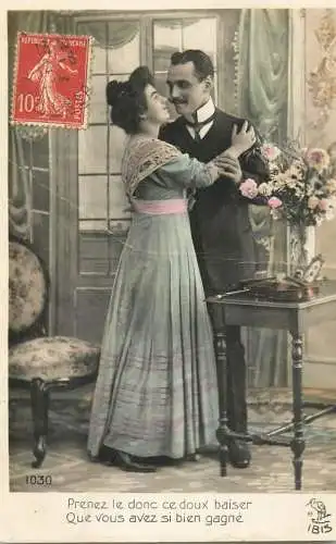 Romantic elegant couple greetings postcard elegance coiffure dress moustache glam