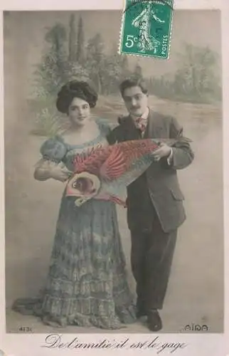 Romantic elegant couple greetings postcard elegance coiffure dress moustache fish 1st April