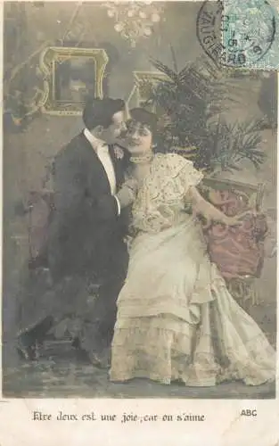 Romantic elegant couple greetings postcard elegance coiffure dress moustache glam