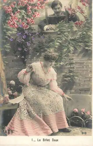 Romantic elegant couple greetings postcard elegance coiffure dress moustache bouquet