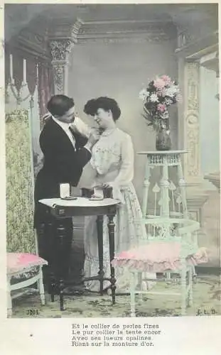 Romantic elegant couple greetings postcard elegance coiffure dress moustache bouquet
