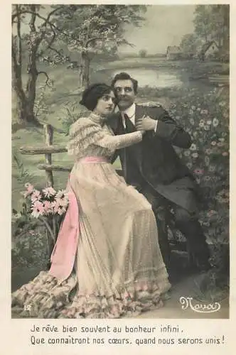 Romantic elegant couple greetings postcard elegance coiffure dress moustache bouquet