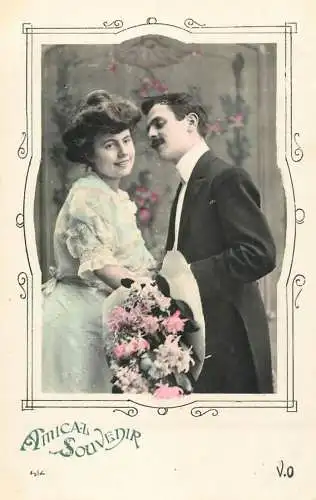 Romantic elegant couple greetings postcard elegance coiffure dress moustache bouquet