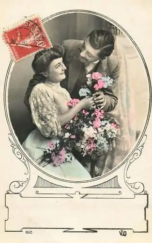 Romantic elegant couple greetings postcard elegance coiffure dress moustache bouquet