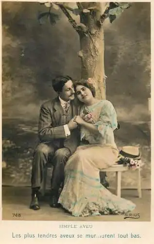 Romantic elegant couple greetings postcard elegance coiffure dress moustache simple aveu