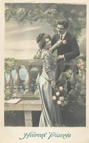 Romantic elegant couple greetings postcard elegance coiffure dress moustache heureux fiances