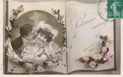 Romantic elegant couple greetings postcard elegance coiffure dress moustache wedding bride