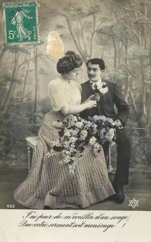 Romantic elegant couple greetings postcard elegance coiffure dress moustache