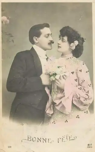 Romantic elegant couple greetings postcard elegance coiffure dress moustache Bonne Fete