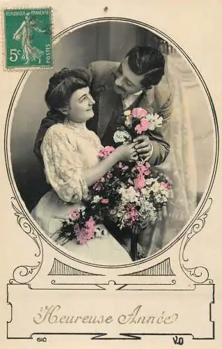 Romantic elegant couple greetings postcard elegance coiffure dress moustache