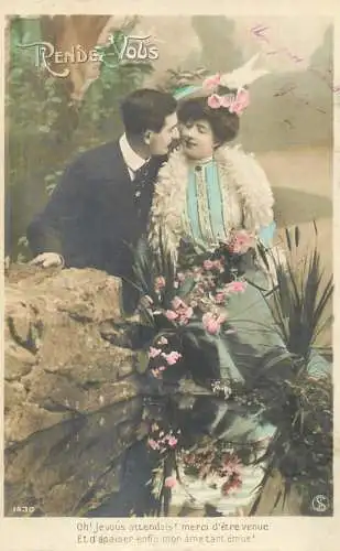 Romantic elegant couple greetings postcard elegance coiffure dress moustache rendez vous