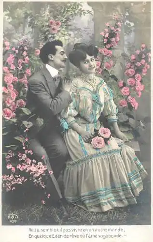 Romantic elegant couple greetings postcard elegance coiffure dress moustache