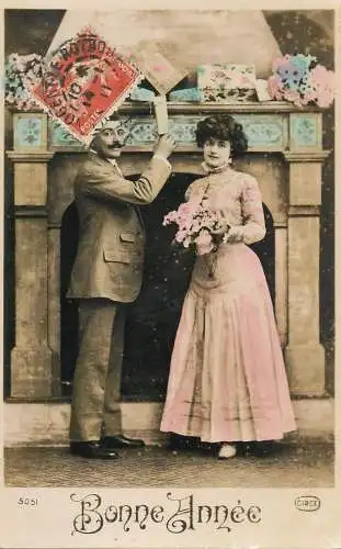 Romantic elegant couple greetings postcard elegance coiffure pink dress moustache bonne annee