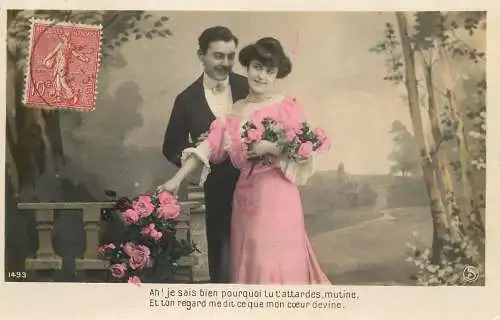 Romantic elegant couple greetings postcard elegance coiffure pink dress moustache
