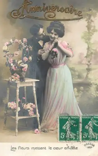 Romantic elegant couple greetings postcard elegance coiffure dress moustache glam bouquet