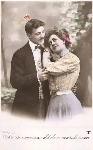 Romantic elegant couple greetings postcard elegance coiffure dress moustache glam