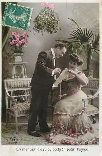 Romantic elegant couple greetings postcard elegance coiffure dress moustache glam